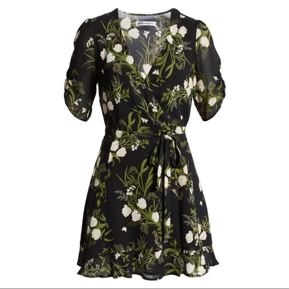 Reformation Monica Anastasia Floral Ruffle V-neck Tie Wrap Mini Dress - Picture 1 of 8